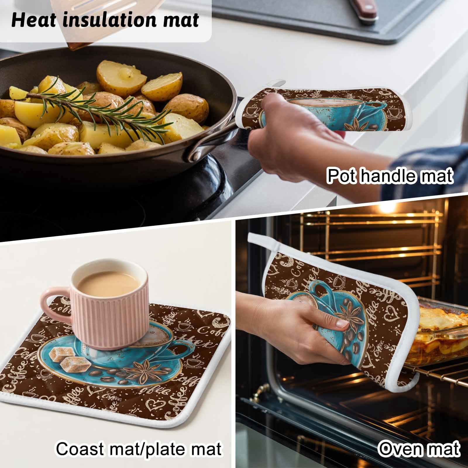 Coffee Pot Holders for Kitchen Heatproof Potholder, 4 Pack Brown Teal Pastoral Vintage Art Hot Pads Multipurpose Oven Pads Cloth Potholders Trivet for Cooking and Baking