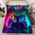 thumbnail image 2 of Homewish Cartoon Cyan Gamepad Queen Sheet Sets, Fashion Graffiti Watercolor Flat Sheet, Teens Kids Boys Girls Queen Fitted Sheet, Super Cozy Room Decor, 4-Piece, 2 of 7