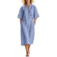 thumbnail image 2 of Ovbmpzd Summer Long Boho Beach Dresses for Women Linen Loose Sundresses Blue V-Neck Short Sleeves T-Shirt Dresses With Pockets,S, 2 of 6
