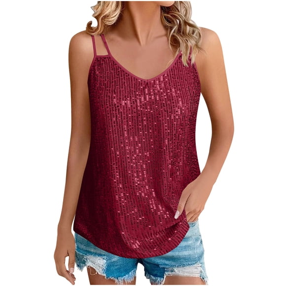 hotojiny Sequin Tops for Women Sparkly Fashion Sleeveless Tank Shirt Glitter V Neck Summer Outfits Party Clubwear