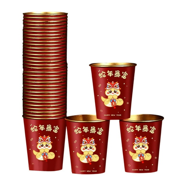 Rongfmy 50x Chinese New Year Disposable Paper Cups Disposable Cups Red Drinking Cups A