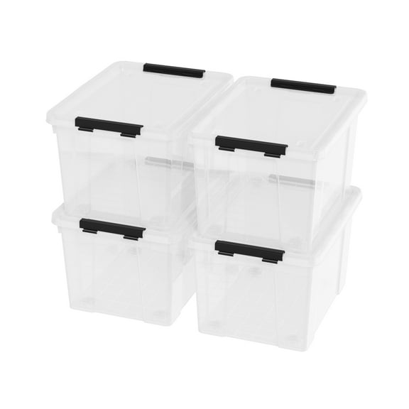 Lesbin Set of 4 Plastic Latch Storage Bins with Wheels, 23 L Clear Latch Boxes with Stackable Lids