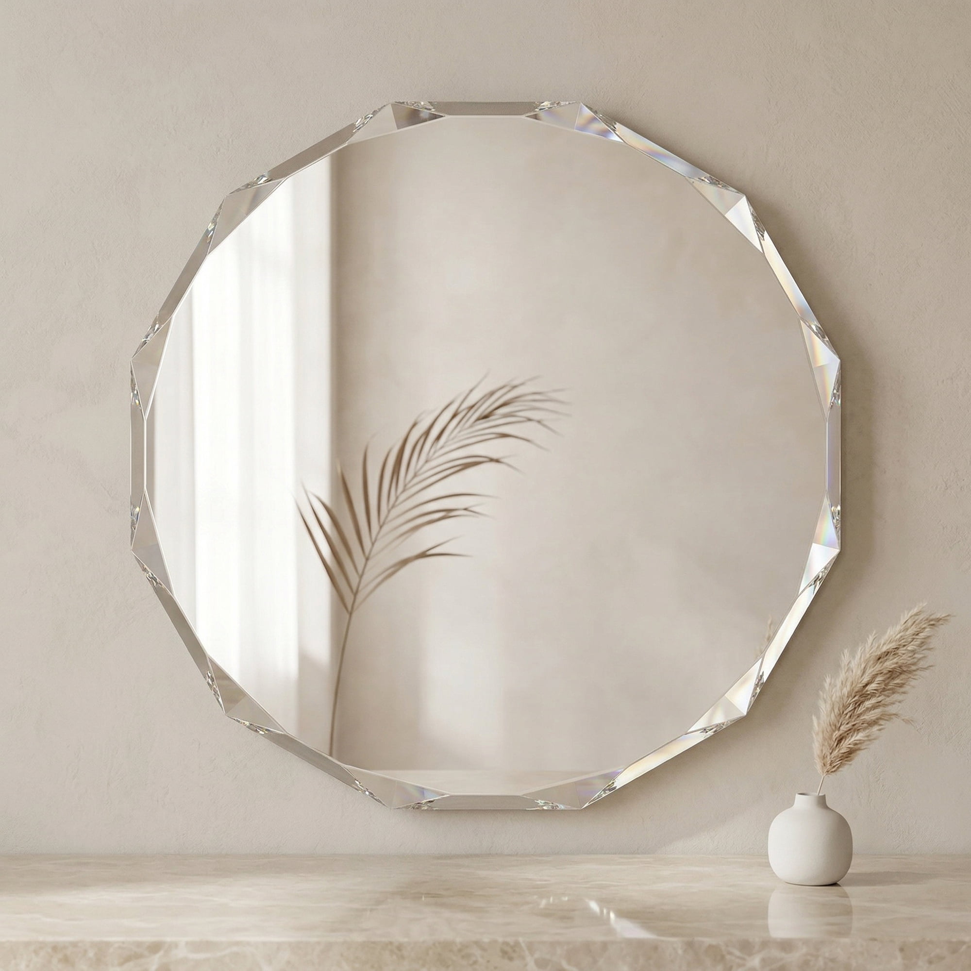 YAURA 24" Faceted Round Wall Mirror, Diamond-Cut Frameless Bathroom Vanity Mirror, Art Deco Glam Decor, Shatterproof