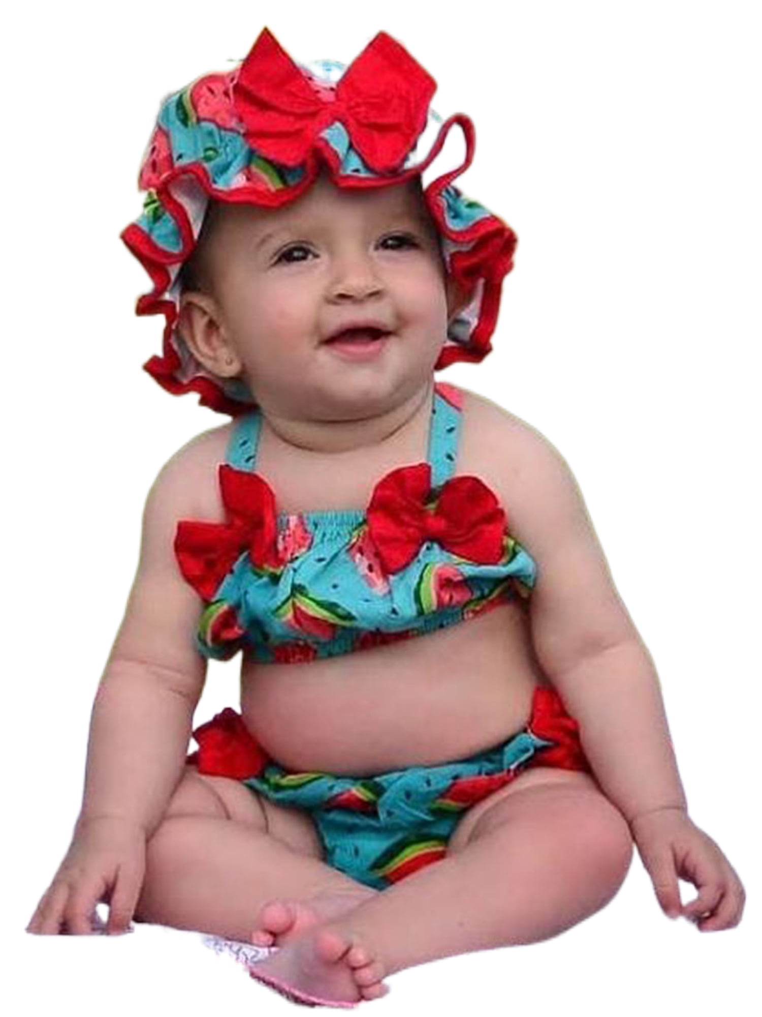 3pc Baby Girl Bikini Swimsuit Flamingos Crop Tops Ruffle Shorts with Hat Summer Swimmwear Bathing Suit … 