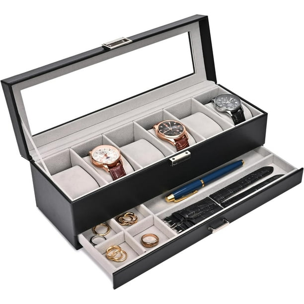 ProCase Caja para Reloj de 6 Ranuras, Estuche Organizador de Relojes de 2 Pisos con Tapa Vidrio Anti-polvo Almacenaje Guardarrelojes para Hombres y Mujeres (Negro)