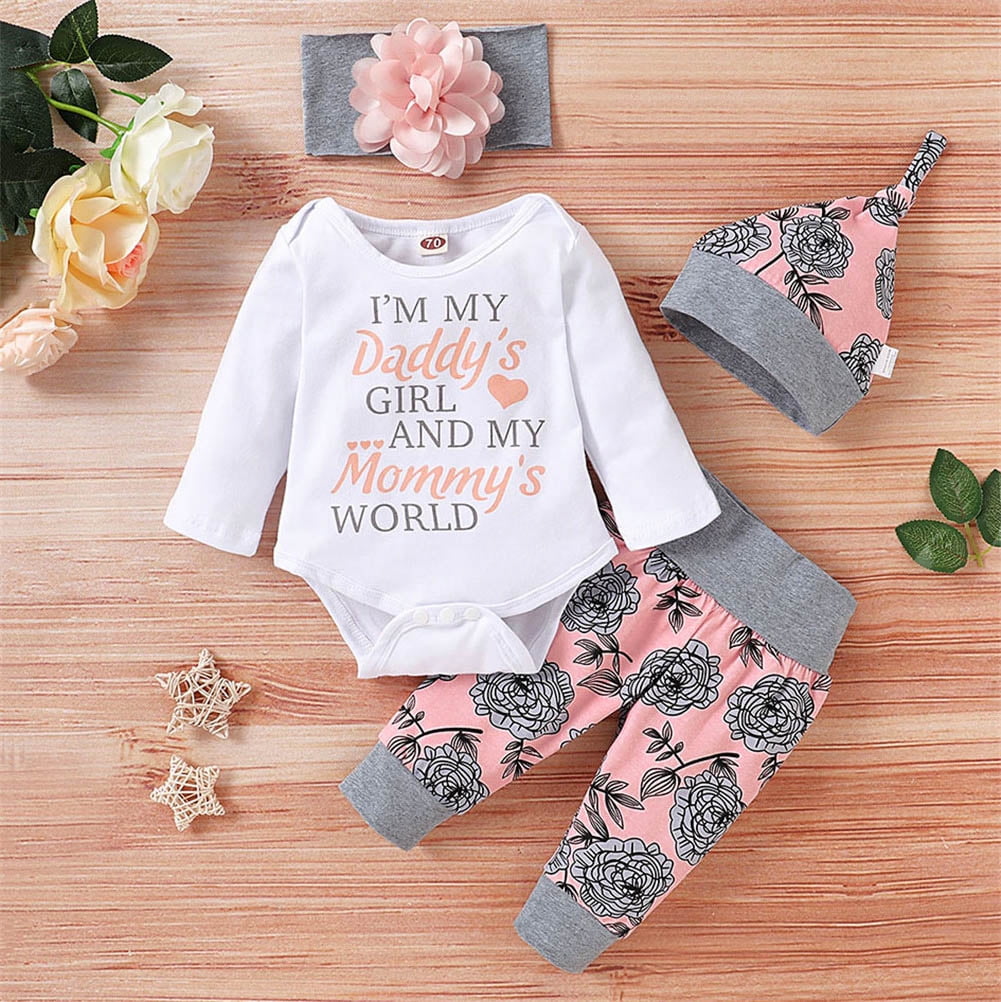 Newborn Toddler Infant Baby Girl Long Sleeve Floral Romper Jumpsuit Hat Clothes 