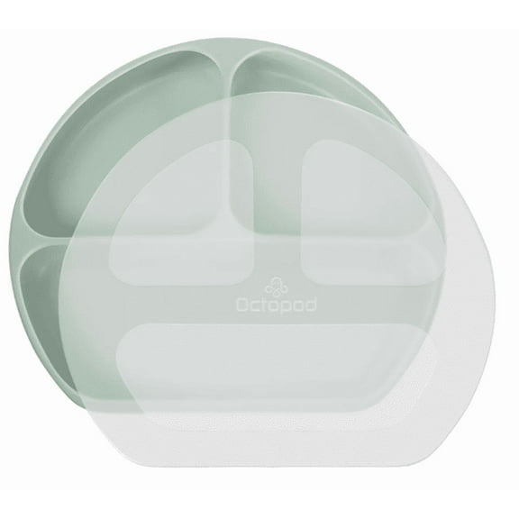 Octopod® Silicone Suction Triangle Plate with Lid for Babies and Toddlers – BPA-Free, Divided Non-Slip Plate with Secure Cover – Microwave & Dishwasher Safe, Baby-Led Weaning Friendly (Sage Green)