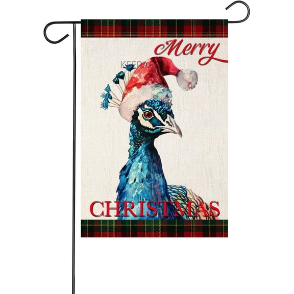 Merry Christmas Peacock Garden Flag, Double Sided Winter Holiday Farmhouse Outdoor Yard Decor, 12 x 18 Inch