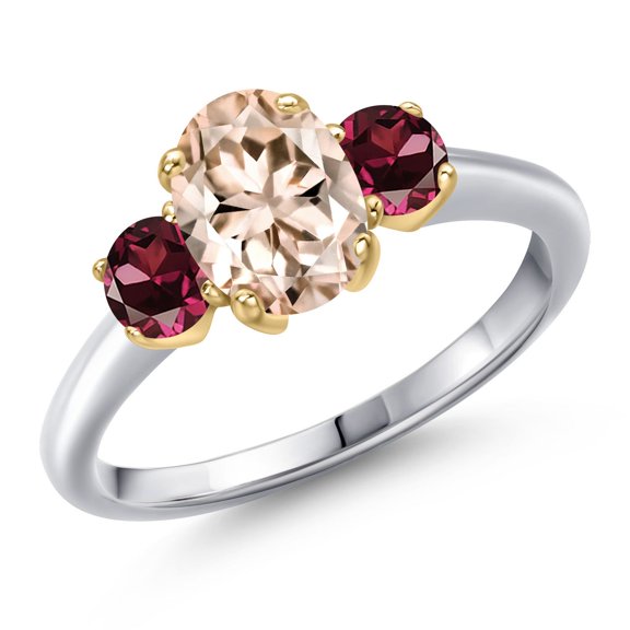 Gem Stone King 10K Two Tone Gold Peach Morganite and Red Rhodolite Garnet Engagement Ring for Women | 1.74 Cttw | Oval 8X6MM | Gemstone October Birthstone | Size 9