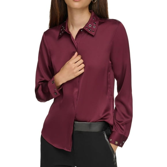 Karl Lagerfeld Womens Embellished Button Up Shirt, Purple, X-Large