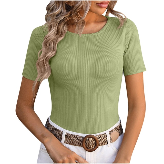 AherBiu Hauts Courts pour Femmes Col Ras du Cou Manches Courtes Ajusté Blouse en Tricot Côtelé Hauts de Sortie pour Femmes