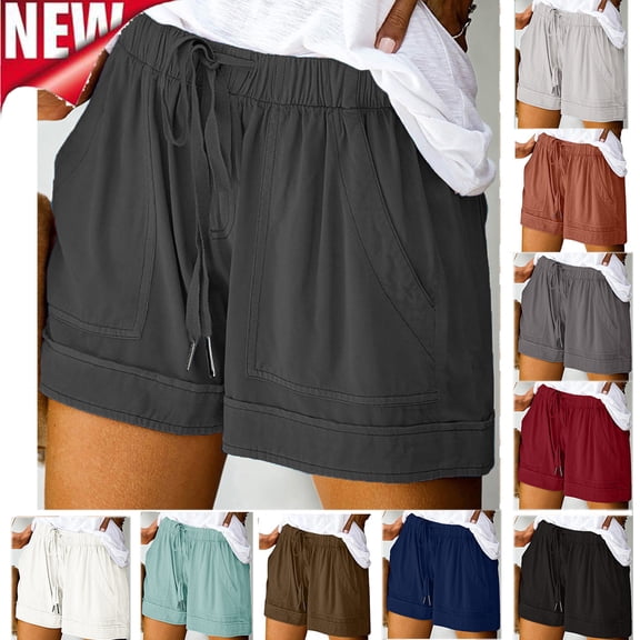 Tqyyweavej Women's Oversized Shorts Straight Leg Drawstring Casual Hot Pants Elastic Waist Solid Color Shorts with Pockets S-5XL