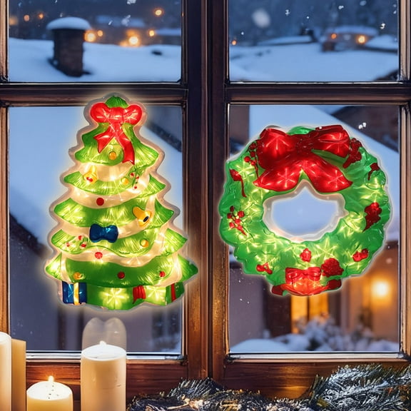 2-Pack Lighted Christmas Window Silhouette Decorations | Christmas Wreath & Christmas Tree Designs | Indoor Decor for Window, Glass Wall
