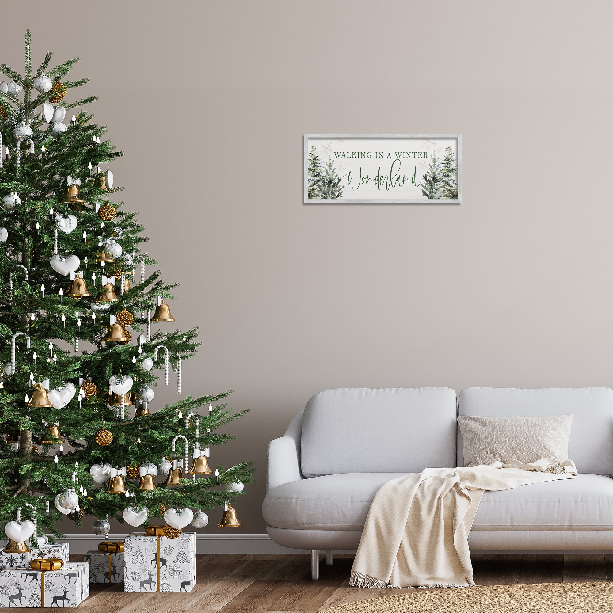 Stupell Industries Winter Wonderland Trees Typography Painting Gray Framed Art Print Wall Art, 24 x 10