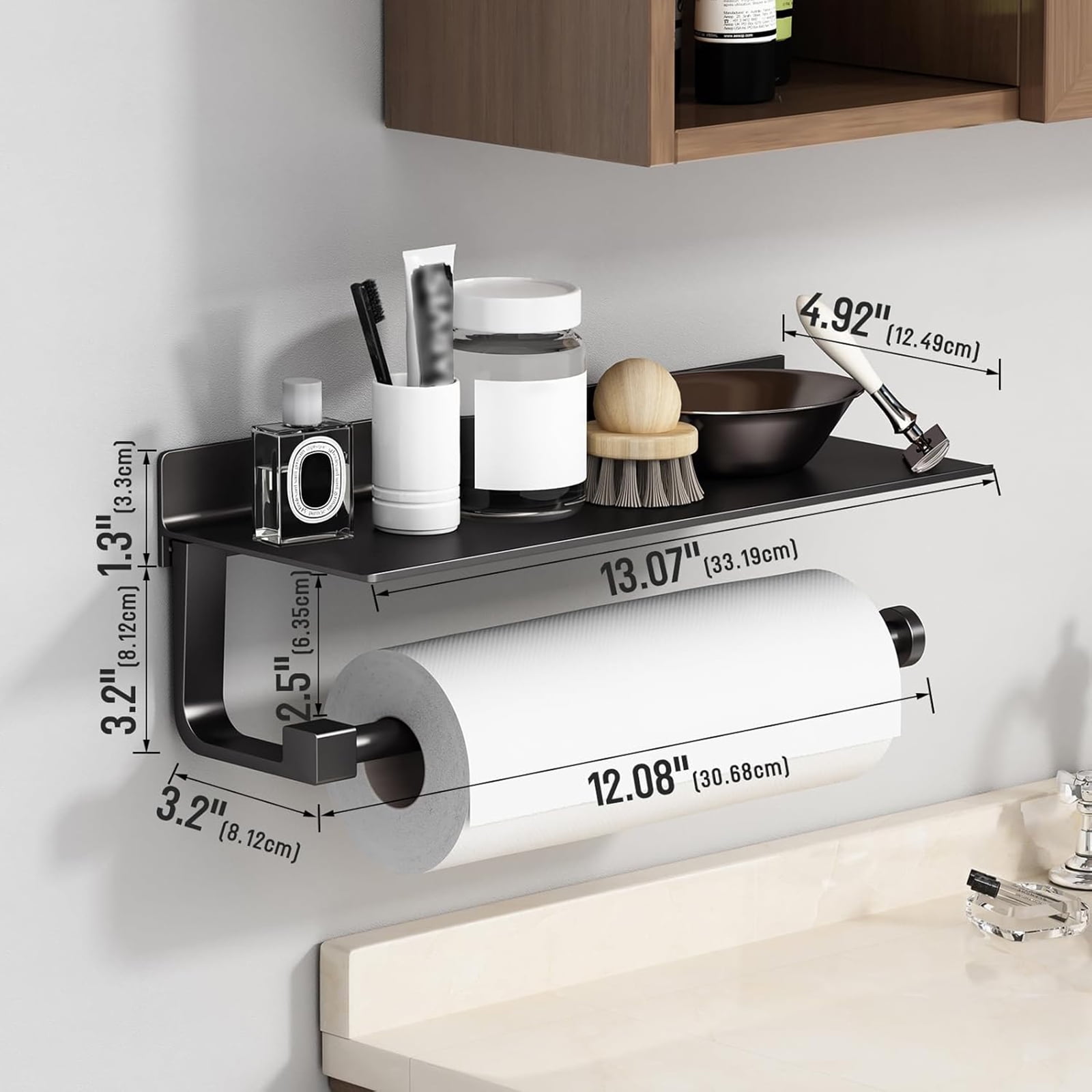 Paper Towel Holder,Paper Towel Holder Wall Mount,Under Cabinet Paper Towel Holder Suitable For Bathrooms/Kitchens, Condiments, Paper Towels, Paper Towel Holder With Shelf