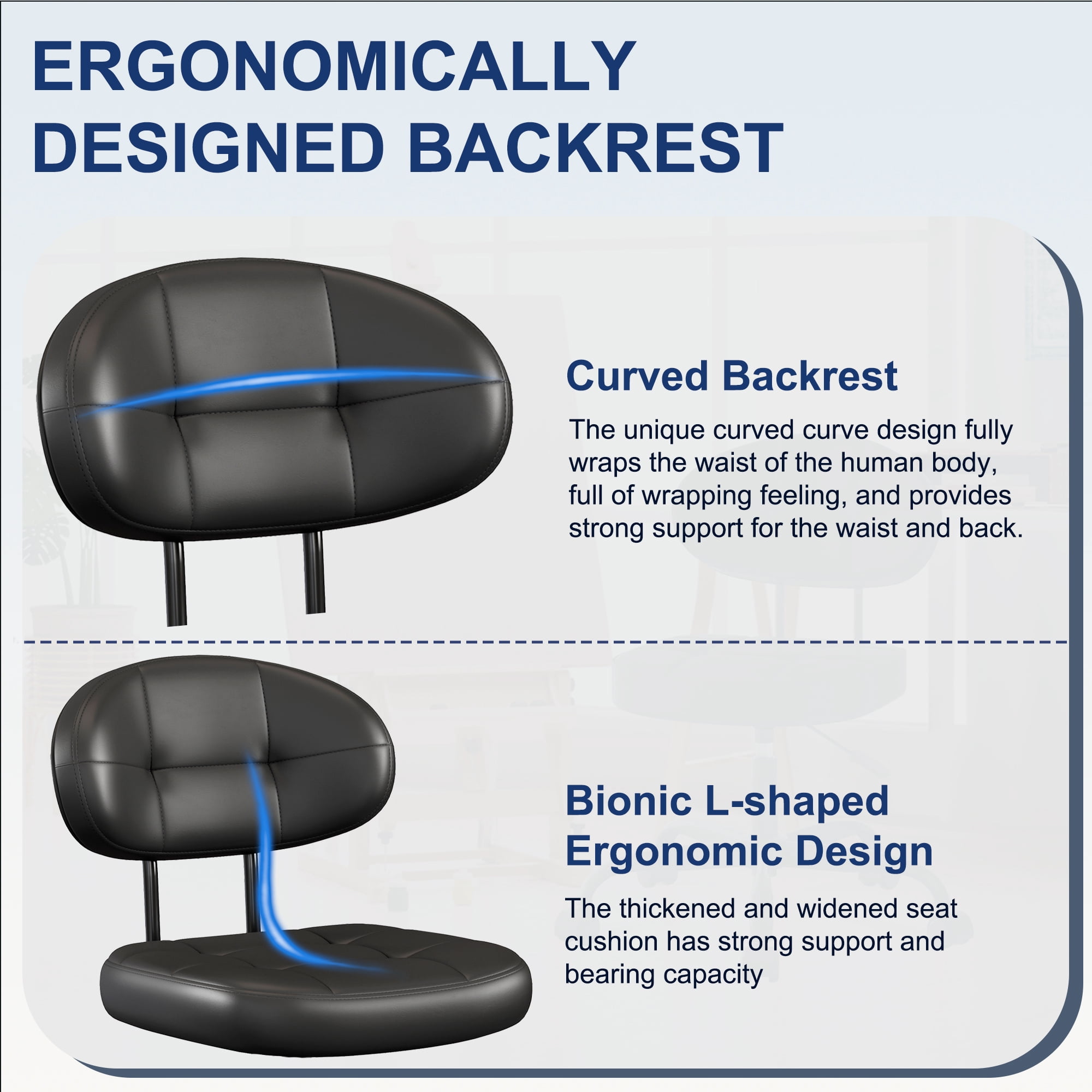 Misolant Vanity Chair with back, Small Armless Cute office Chair with wheels and Lumbar support, Comfy PU Leather Desk Computer Chairs with Adjustable Height, 360°Swivel for Home Bedroom Office