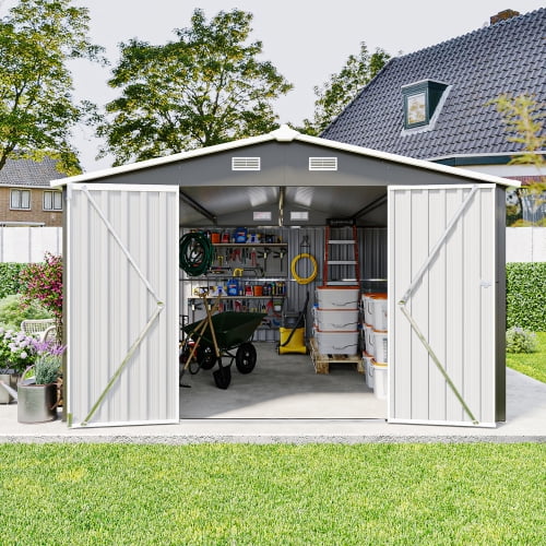 Villeston Outdoor Storage Shed 10×14 FT with 3 Lockable Doors,4 Vents,for Backyard Patio Lawn, Dark Grey