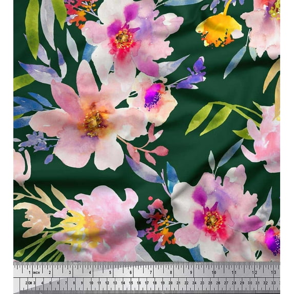Soimoi Green polyester Crepe Fabric Leaves & Floral Print Fabric by Yard 52 Inch Wide