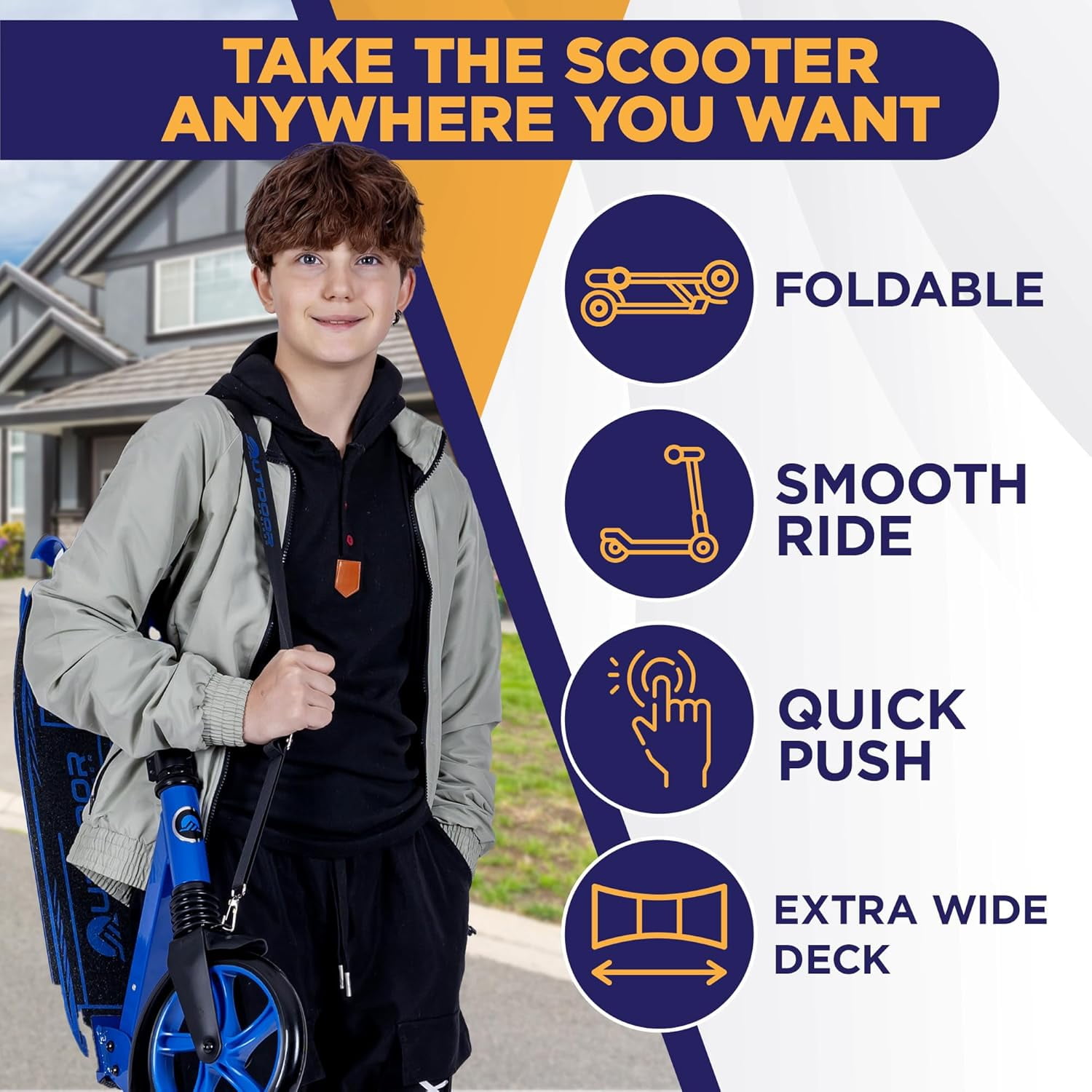 Outdoor Cruiser Kick Scooter for Ages 6+, for Kids, Teens, and Adults, Max Load 250 LBS, Foldable, 8-inch Wheels for Kids and Adults, Dual Suspension, 3 Adjustable Levels, Child Safety Approved, Blue