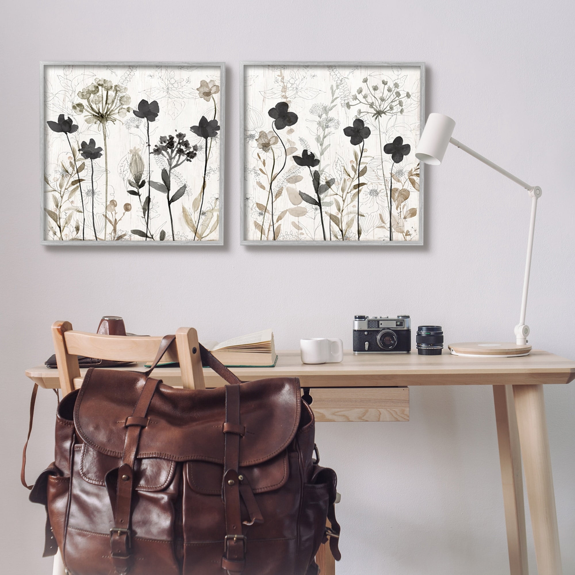Stupell Industries Neutral Flower Hues Rustic Boho Botanical & Floral Painting Gray Framed Art Print Wall Art, Set of 2