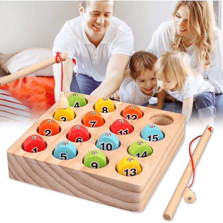 Powiller 18 Pcs Wooden Fishing Game, Magnetic Letter Fishing Toys Learning Educational Toys with Fishing Pole Game Play Set for 3 4 5 Years Old Girl