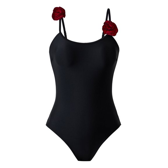 Xfvqtps Womens One Piece Swimsuit 3D Flower High Cut Square Neck Adjustable Spaghetti Strap Tummy Control Solid Color Beach Summer Monokini Swimsuit Black