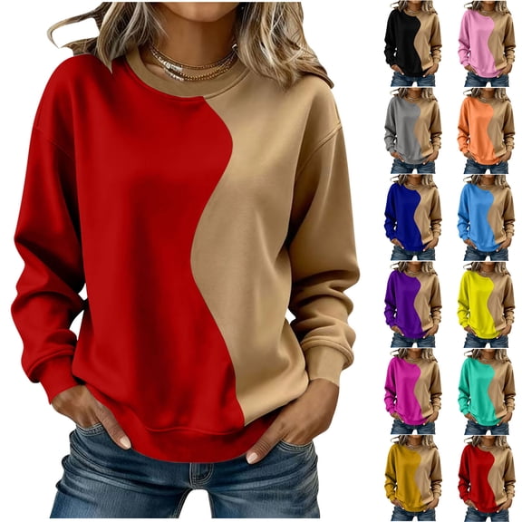 Inverlee Womens Trendy Cuff Long Sleeve Sweatshirts Color Block Round Neck Hoodie Casual Loose Fit Tops