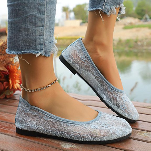 Bxsruta Lace-Up Ballet Flats with Round Toe, Women's Breathable Mesh Casual Shoes - Delicate Embroidery Details