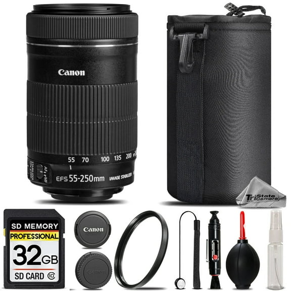 Canon EF-S 55-250mm f/4-5.6 IS STM Lens   32GB Class 10 High Speed Memory Card   UV Filter   Lens Cap Holder   Cleaning Brush   Air Cleaner   Cleaning Kit - International Version