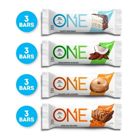 ONE Protein Bars, Best Sellers Variety Pack, Gluten Free with 20g Protein and only 1g Sugar, Includes Birthday Cake, Almond Bliss, Maple Glazed Doughnut & Peanut Butter Pie, 2.12 oz (12 (Best Protein Bars For The Money)