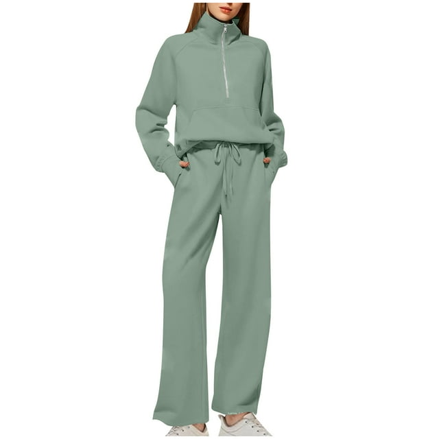 Posijego Ensemble 2 Pcs pour Femme Décontracté Demi-Glissière Chandails à Manches Longues Pantalons à Jambes Larges Tenues de Détente Unies