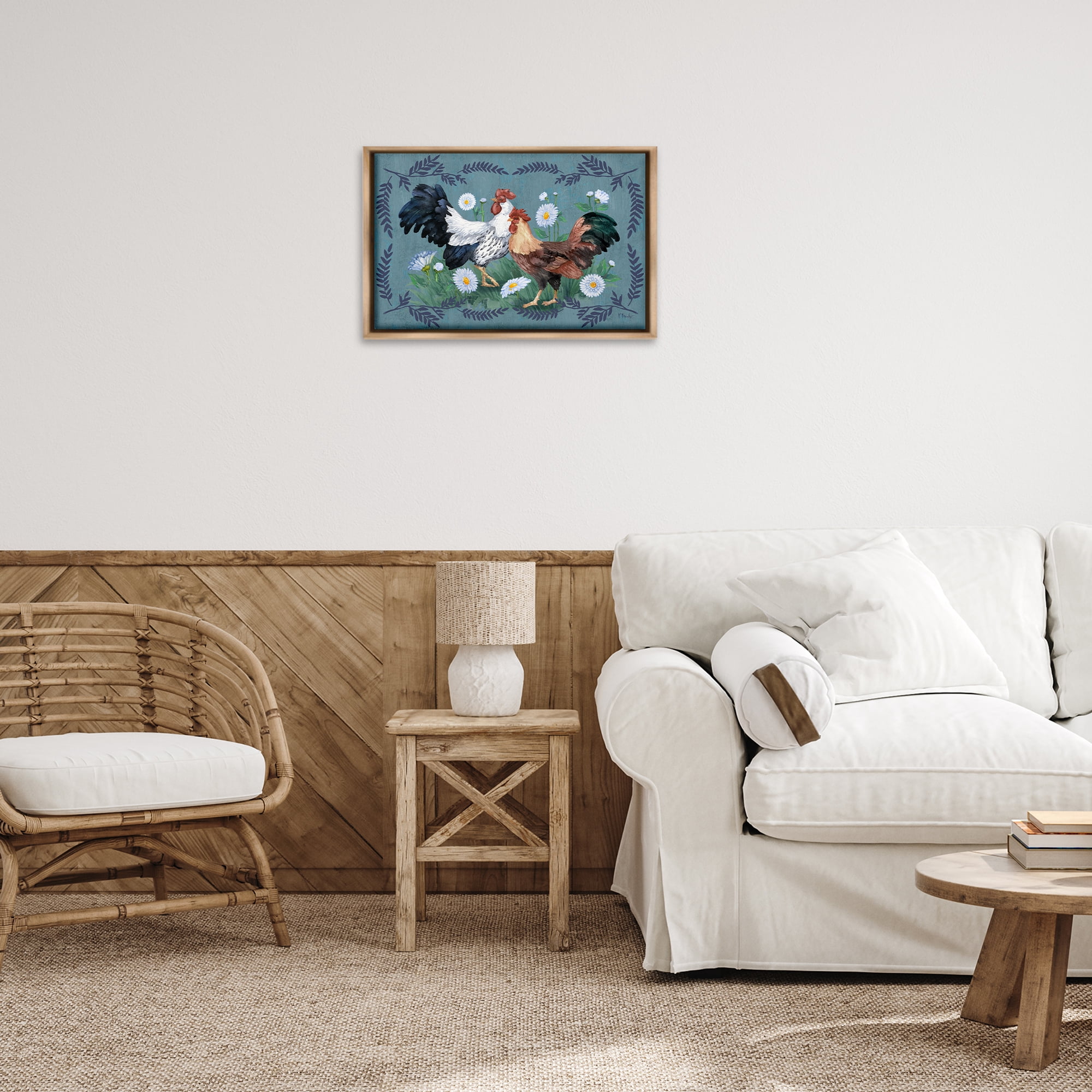 Stupell Industries Roosters with Fern Trim Animals & Insects Painting Brown Floater Framed Canvas Art Print Wall Art, 25 x 17