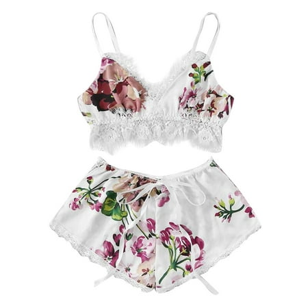 

Qcmgmg Sleepwear for Women Shorts Lace Pajamas Eyelash Satin Floral Cami Crop Top 2 Piece Pjs White M