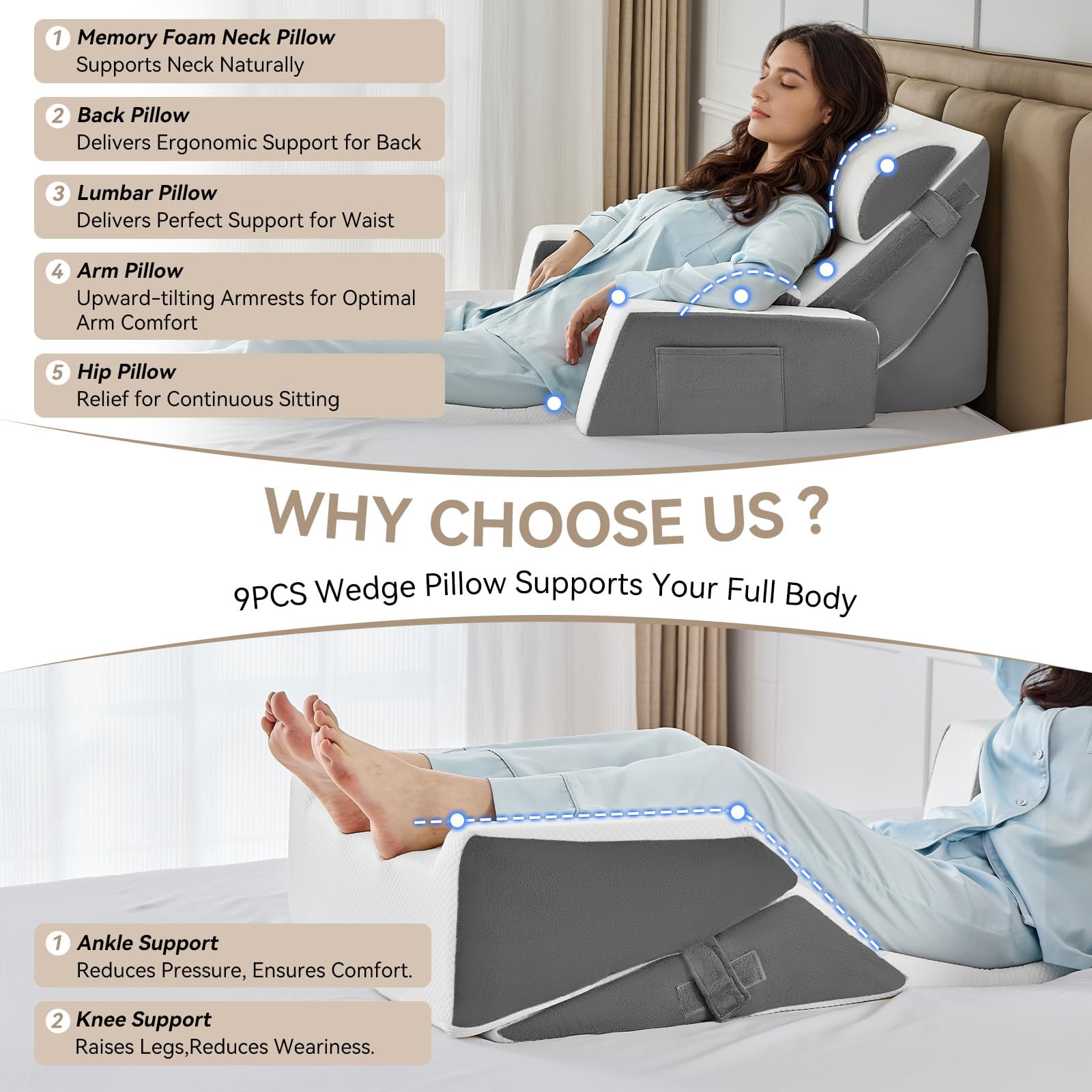 9pcs Bed Wedge Pillow Set For Sleeping  And Leg Foam Body Triangle Adjustable Support - Acid Reflux Pillows Grey