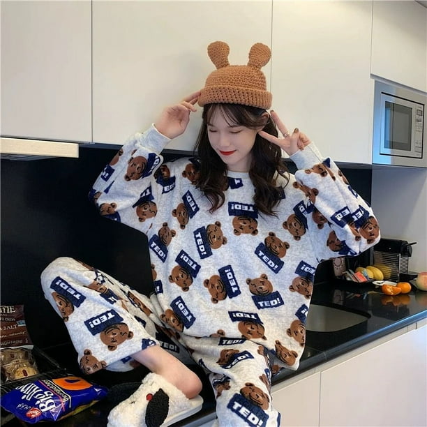 Pijamas de mujer de invierno de franela de manga larga con forro polar grueso de coral lindo traje de otoño e invierno para el hogar para mujer