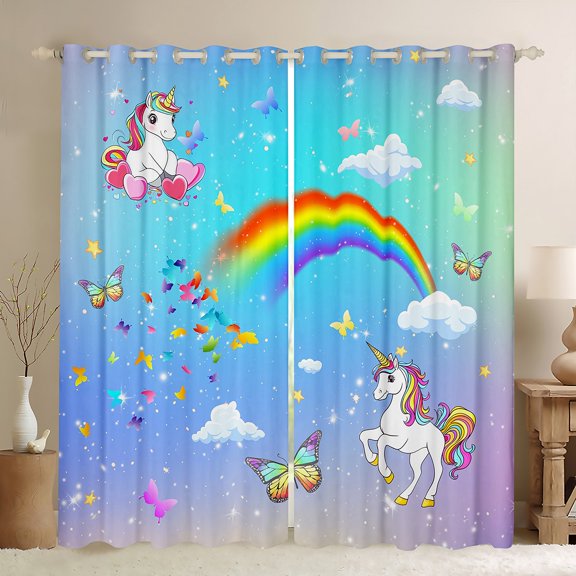 Homewish Cute Unicorn Animal Curtains Pack of 2 (42x84 Each) for Kids, Kawaii Cartoon Butterfly Curtains Blackout, Glitter Rainbow Bedroom Curtains, Window Curtains Decor