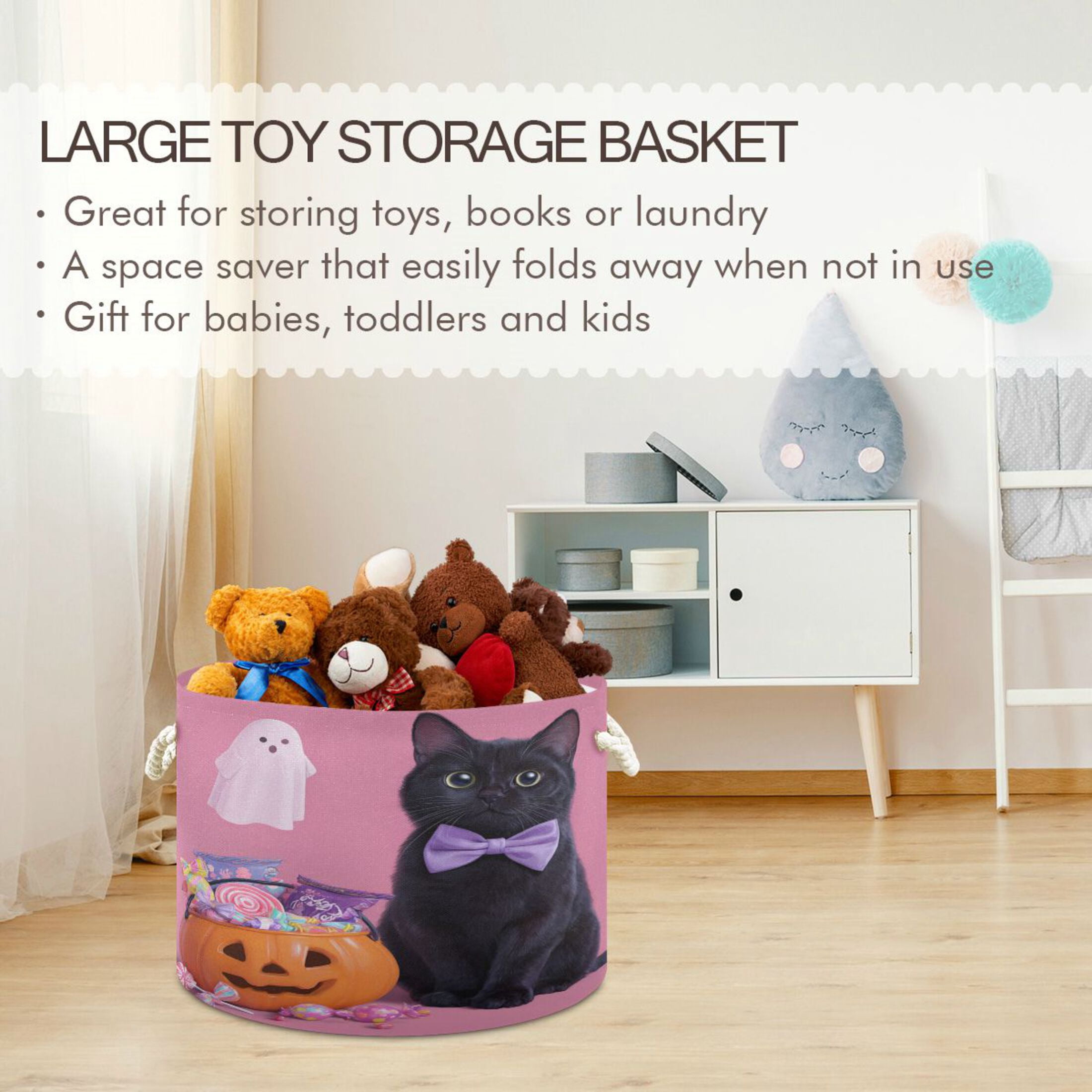 Round Toy Storage Basket Foldable Storage Basket for Home Decor Laundry Basket20" x 14" Bow Tie Black Cat