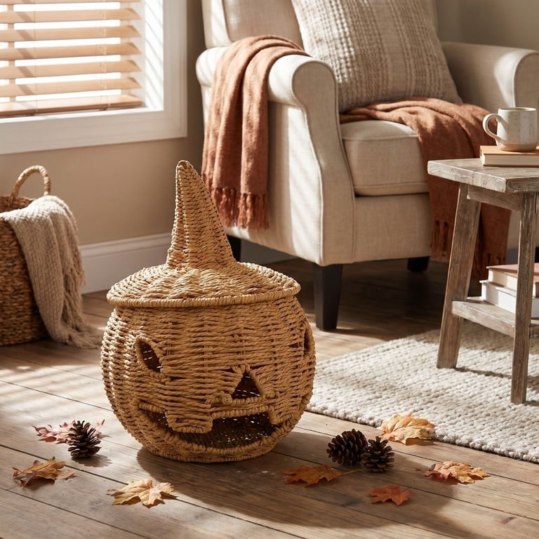 Handwoven Wicker Pumpkin Jack-O'-Lantern with Detachable Witch Hat