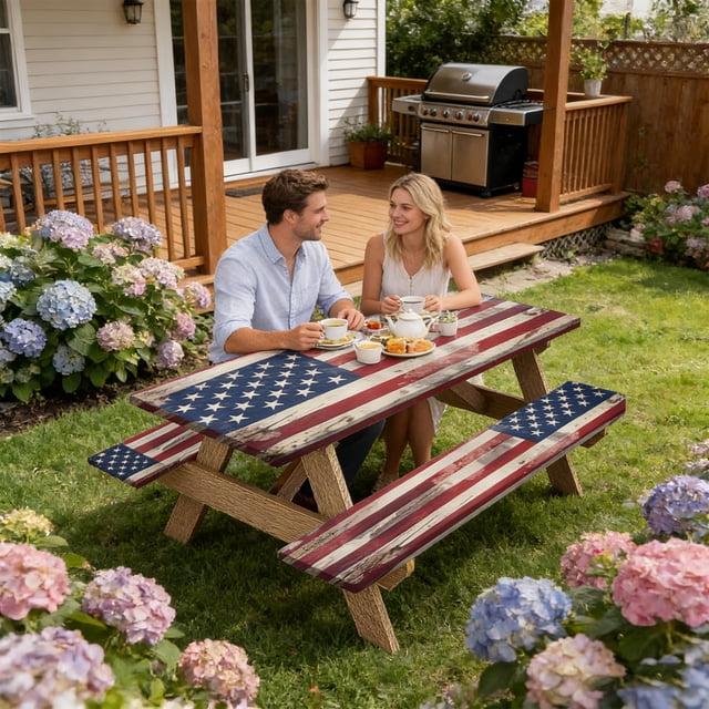 Patriotic Picnic Tablecloth With Bench Cover 3 Piece Set For Outdoor Party And Camping