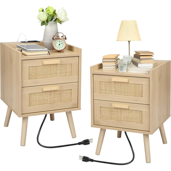 Finnhomy Nightstand with Charging Station, Bedside Table with Rattan Drawers, Beige, Set of 2