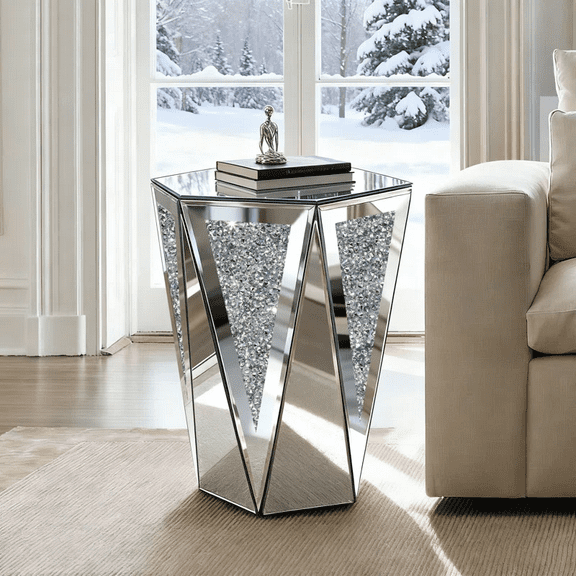 SHYFOY 19" Hexagonal Mirrored End Table with Diamond-Inlaid Panels, Modern Glam Side Table for Living Room & Bedroom, 13.78"L x 12.20"W x 19.69"H