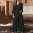 thumbnail image 2 of Jzuxvd Womens Cotton Linen Peasant Maxi Dresses Button Up Long Sleeve Pleated Tiered Dress Vintage Flowy Swing Tunic Dress Black XL, 2 of 4
