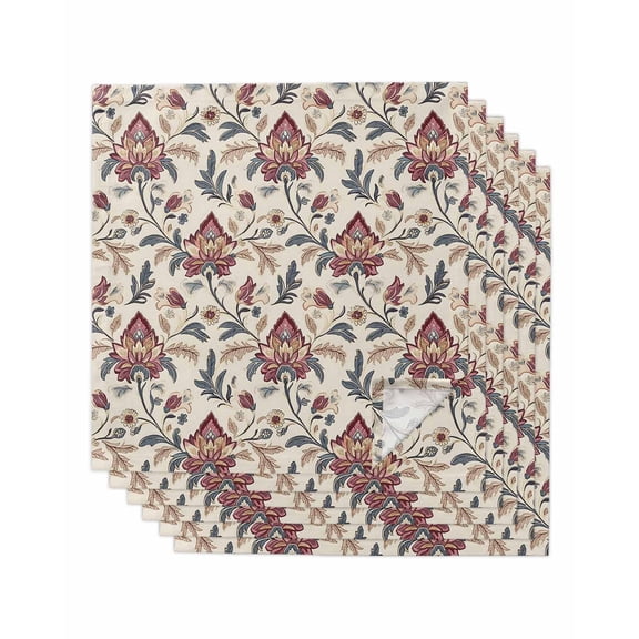 Boho Red Floral Cloth Napkins Set of 6 Reusable Dinner Napkins, Farmhouse Rustic Flower Leaf Plant Cocktail Napkin Washable Table Napkins for Wedding/Holiday Party/Baby Shower 20"x20"