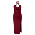thumbnail image 5 of Summer Saving Wycnly Womens Dresses Party Club Sexy Cut-out Slit Ruched Bodycon Dresses with Drawstring Fashion Solid Halter Sleeveless Long Summer Dress Wine l, 5 of 7