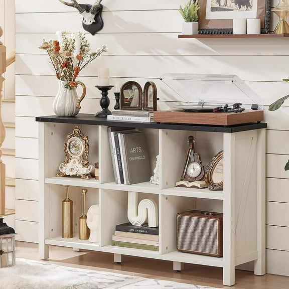 Farmhouse 6 Cube Bookshelf, Antique White & Black Wooden Storage Organizer Book Shelf, 47" Cubby Hallway Bookcase, Kids Toy Storage Cabinet, Modern Open Book Case for Living Room, Playroom