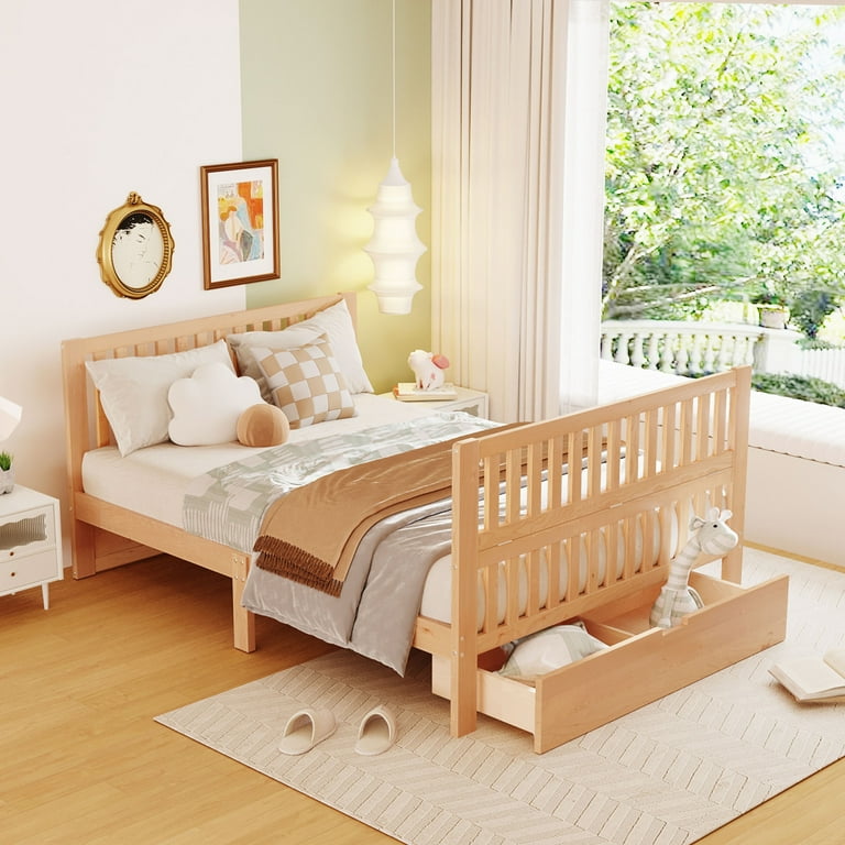 Convertible Crib Full Size Bed with Drawers and 3 Height Options for Baby Space saving Crib with Guardrail for Bedroom Nursery Natural Walmart