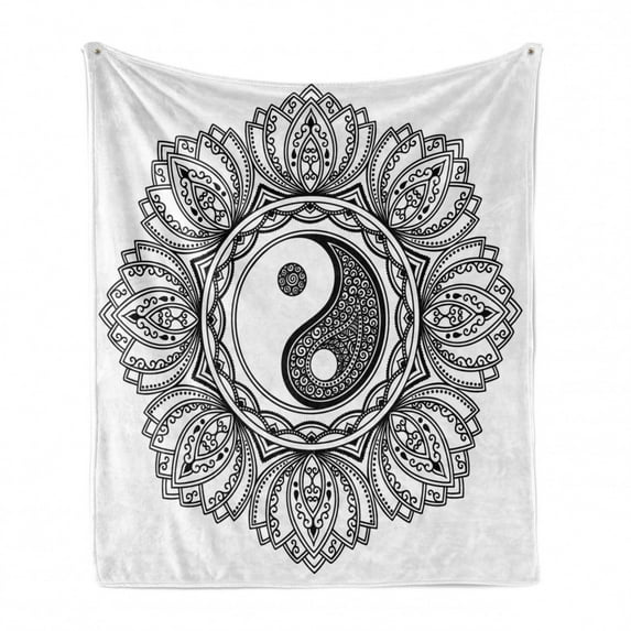 Ying Yang Soft Flannel Fleece Throw Blanket, Mandala Circle Floral Style Design Bohemian Print Yoga Arts, Cozy Plush for Indoor and Outdoor Use, 50" x 60", Black White, by Ambesonne