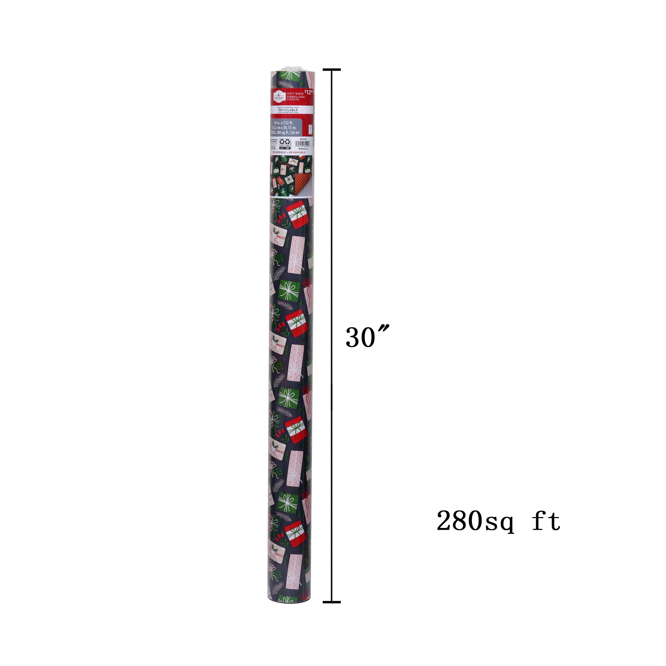 Papier cadeau de Noël réversible multicolore Holiday Time, 280 pieds carrés
