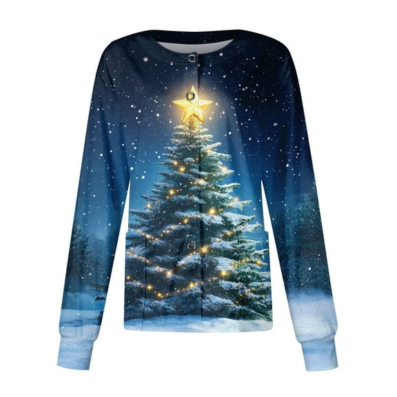 Hearthz Nursing Jackets for Women Christmas Long Sleeve Nurse Working Uniforms Snap Front Warm Up Womens Scrub Top with Pockets