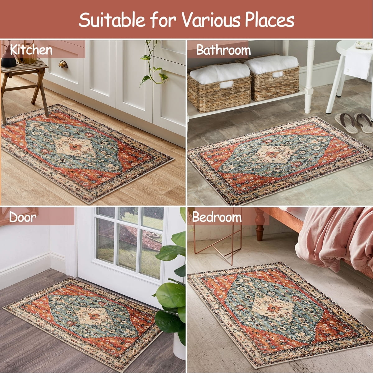 Lahome 2'x3' Area Rugs for Living Room,Machine Washable Rugs,Low Pile Non Slip Vintage Floral Print Rug Carpet for Entryway,Hallway,Kitchen,Home Decor,Geometric Tribal